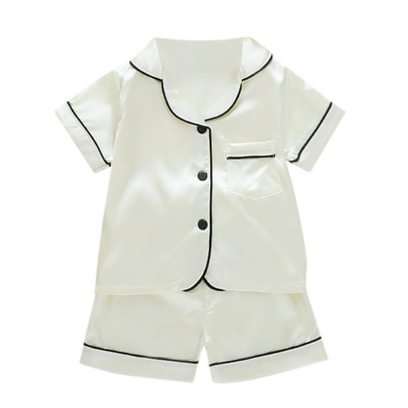 Yammkia Toddler Pajama Set, 2-Piece Toddler Baby Girl Boy Satin Pajamas Set 2Pcs Button Down Pjs Solid Color Short Sleeve Silk Top And Shorts Sleepwear for 2-3 Years,White