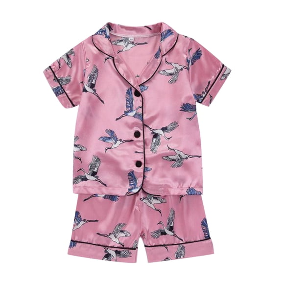 Yammkia Toddler Snug-Fit Pajama Set, 2 Piece Toddler Baby Boy Girl Silk Pajamas Floral Short Sleeve Button Shirts Lounge Shorts Satin Pjs Sleepwear for 3-4 Years,Pink