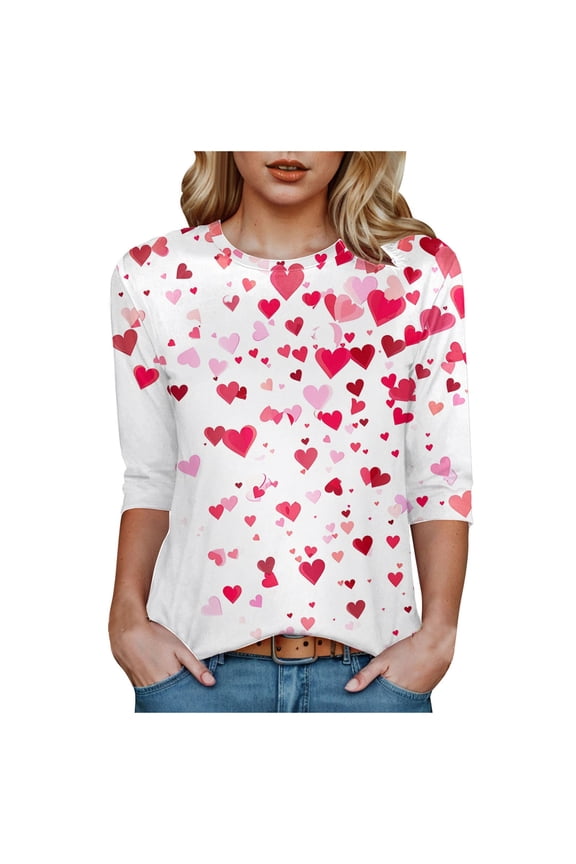 Valentine Tee Shirts for Women 3/4 Sleeve Crew Neck T Shirts for Women Love Heart Graphic Tee Red Valentine's Tops Casual Spring Day Blouse(Light Pink,S)
