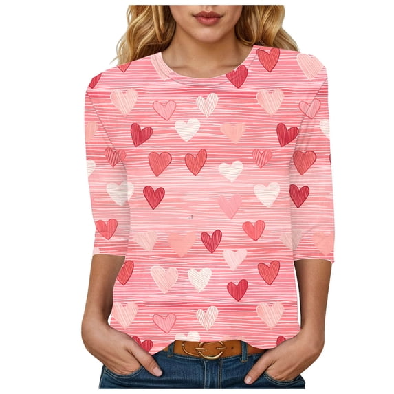 Yammkia Valentines Day Clothes Womens 3/4 Sleeve Crew Neck T-Shirts Valentine's Day Spring Shirts Love Heart Printed Graphic Tees(Watermelon Red,XL)