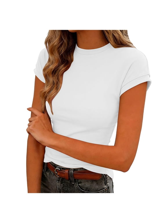 Women's Crewneck Ribbed Knit Fitted T-Shirt Women's Tops Short Sleeve Slim Fitted Cotton Blend Stretchy T-Shirts Tight Casual Basic Tees White,L