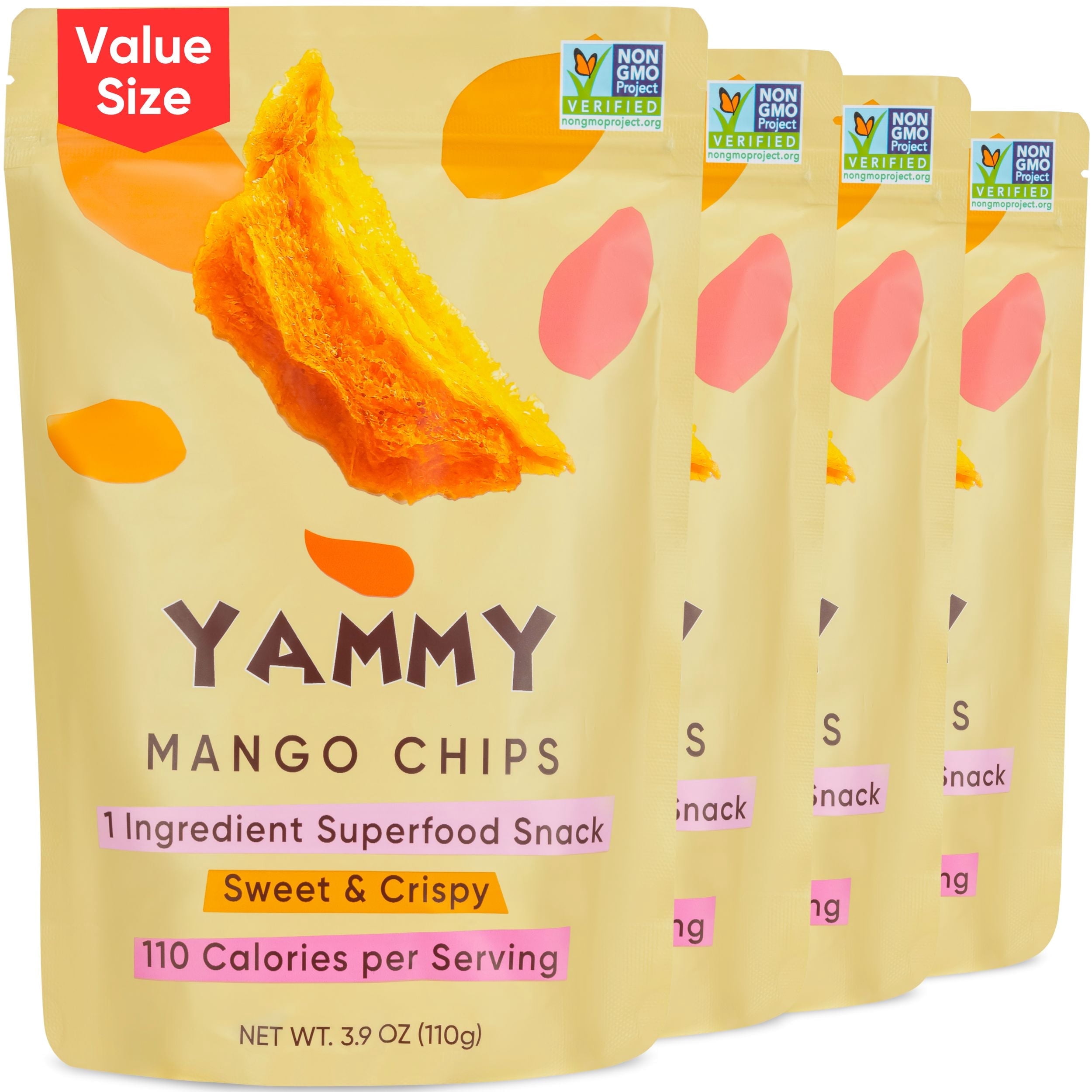 Yammy Dried Mango Chips, No Sugar Added 1 Ingredient Healthy Snack (3.9oz Pack of 4)