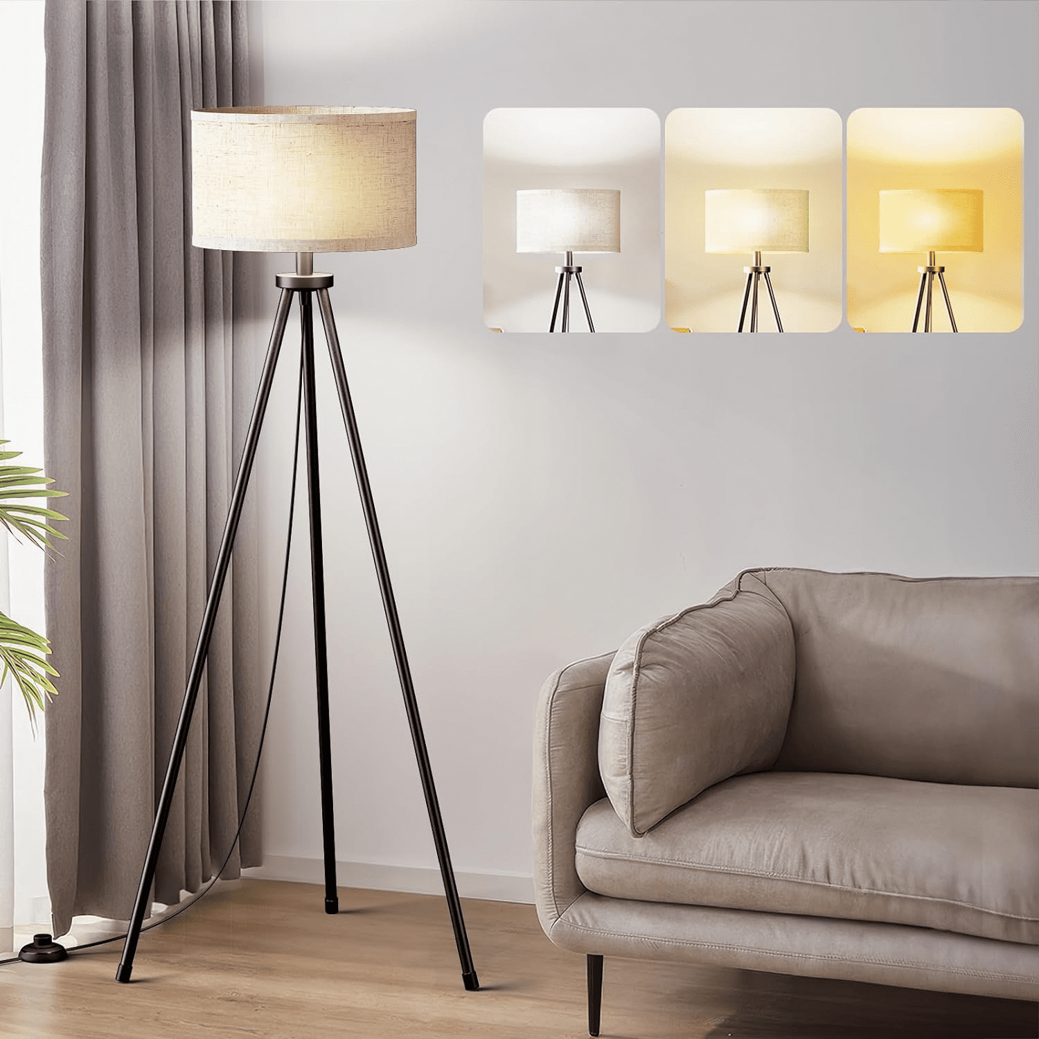 Yamyone 59" Modern Dimmable Black Metal Tripod Floor Lamp with Beige Drum