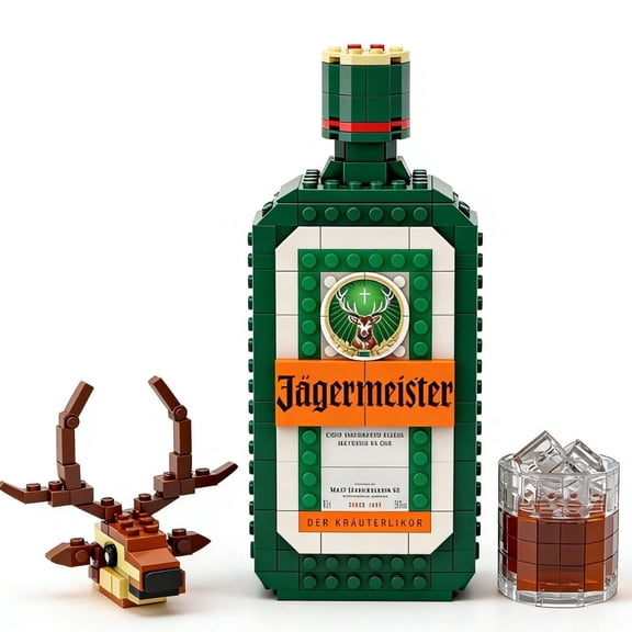 Yan Bo Building Blocks Set, Compatible with Lego, Creative Jagermeister Liquor Bottle Model Kit with Shot Glass and Deer Head, Mini Bricks Collectible for Adults Teens, Fun Desk Decor and Uniqu