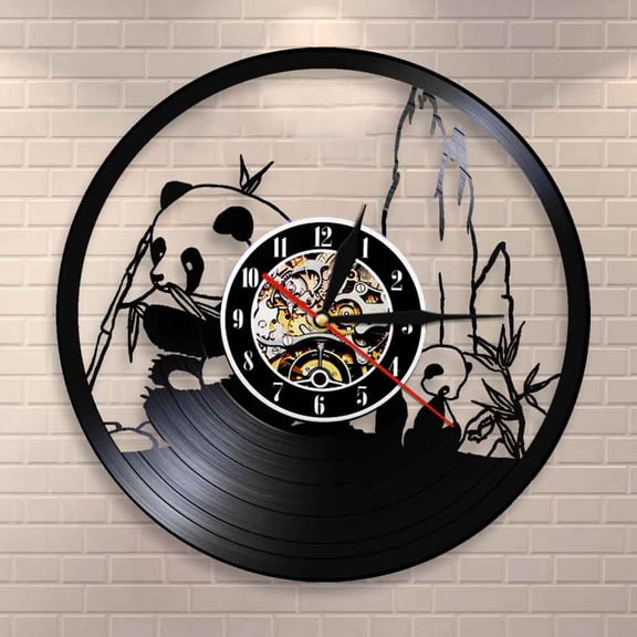 YanGxx Adorable Giant Panda Clock Wild Panda Bear Eating Bamboo Vinyl Record Wall Clock Cute Panda Home Decor Animals Vintage Clock