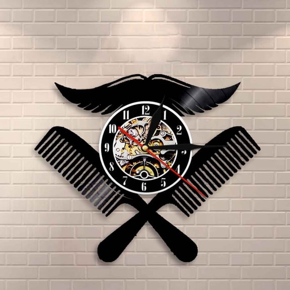 YanGxx Barber Shop Logo Wall Clock Hairdressing Salon Interior Design Vinyl Record Clock Moustache With Combs Barber Shop Wall Decor
