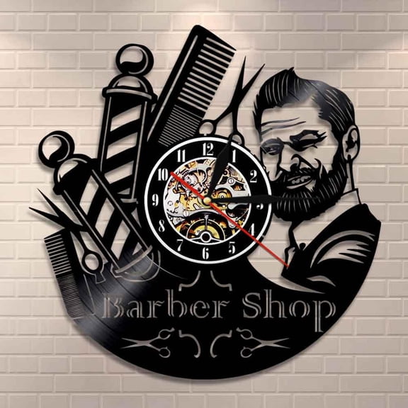 YanGxx Barber Shop Sign Wall Clock Barbers Pole Vinyl Record Wall Clock Hair Salon Stylist Hair Tools Scissors Barber Shop Artwork Gift