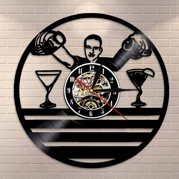 YanGxx Bartender Wall Clock Pub Bar Barman Business Hanging Sign Wine Guy Decorative Cocktail Wall Art Vintage Vinyl Record Wall Clock