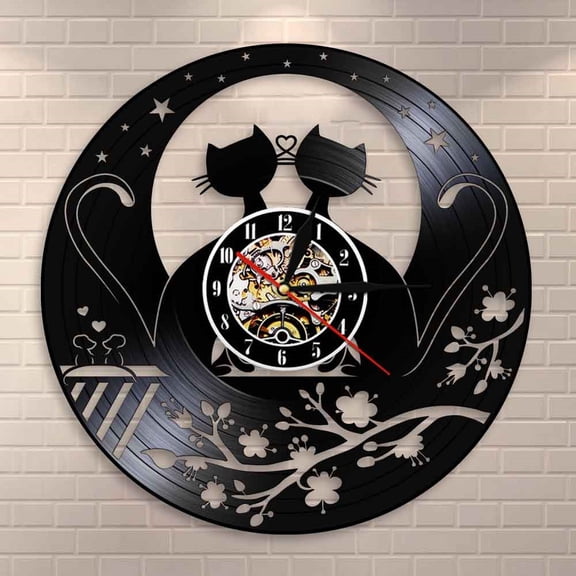 YanGxx Cats In Love Kittens With Flowers Wall Clock Sweet Nursery Decor Kitty Cat Baby Mouse Vinyl Record Wall Clock Cat Lovers Gift