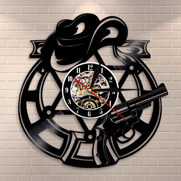 YanGxx Cowboy Bandit Revolver Pistols Weapons Hat Western Home Decor Wall Clock Outlaw Cowboy Hat and Revolver Vinyl Record Wall Clock