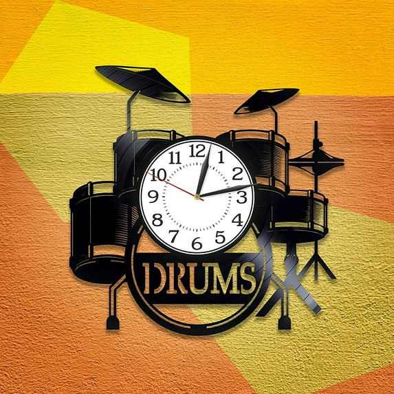 YanGxx Drums Birthday Gift Idea Musical Instrument Vinyl Clock for Man and Woman Music Original Home Decor Drum Kit Vinyl Record Wall Clock Musical Instrument Handmade Clock