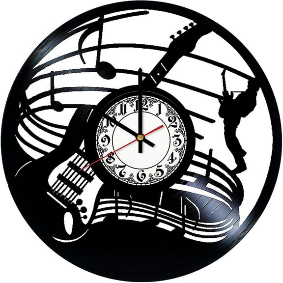 YanGxx Electric Guitar Rock Band Vintage Black Vinyl Record Wall Clock Wall Art 3D Modern Design Office Bar Room Home Decor Gift