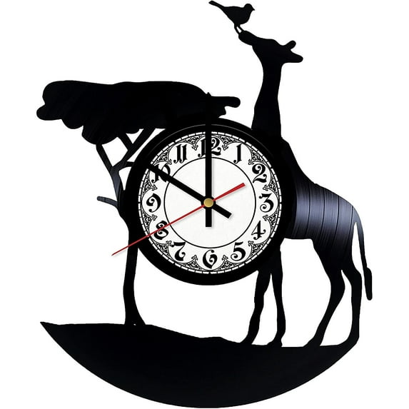 YanGxx Giraffe Africa Wild Animal Vintage Black Vinyl Record Wall Clock Wall Art 3D Modern Design Office Bar Room Home Decor Gift