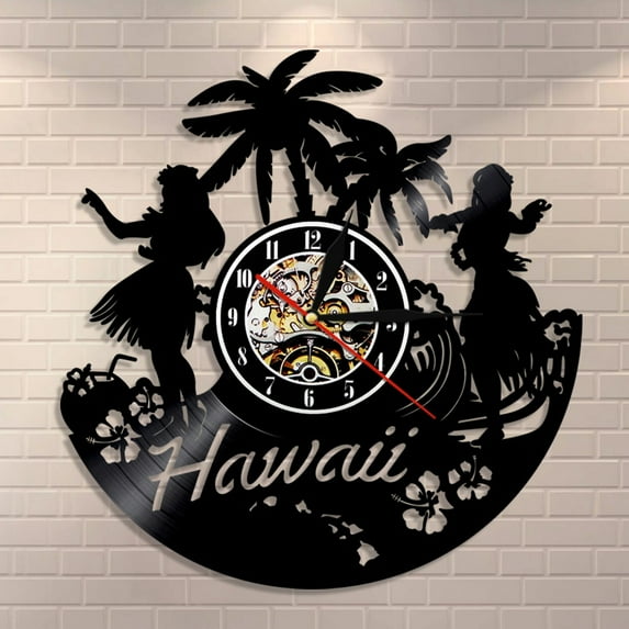 YanGxx Hawaii Wall Clock Hawaiian Luau Party Wall Art Home Decor Vinyl Record Clock Hawaiian Beach Palm Scenery Vintage Summer Ornament