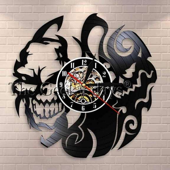 YanGxx Horror Skull Gothic Halloween Decor Wall Clock Scary Skeleton Vinyl Record Wall Clock Devil Skull Gifts Decorative Wall Watch