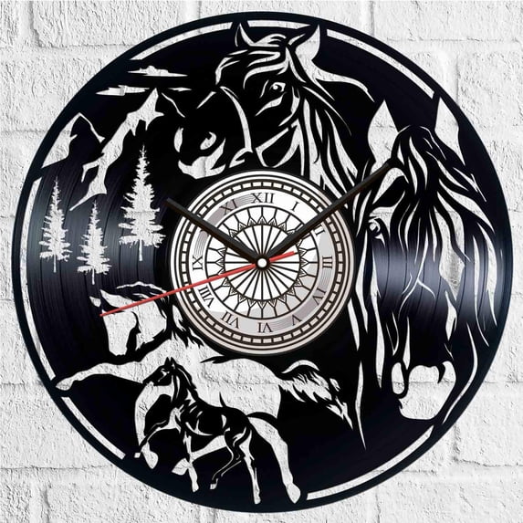 YanGxx Horse Vinyl Record Wall Clock Retro style Wall clock Silent Home Decor Unique Art Special Home Accessories Creative Personality Gift