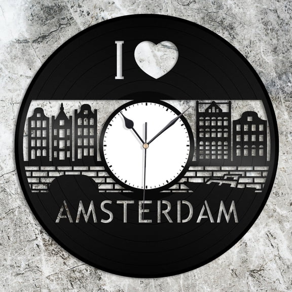 YanGxx I love Amsterdam Vinyl Wall Clock City Skyline Souvenir Gift Room Decoration Vintage Design Office Bar Room Home Decor