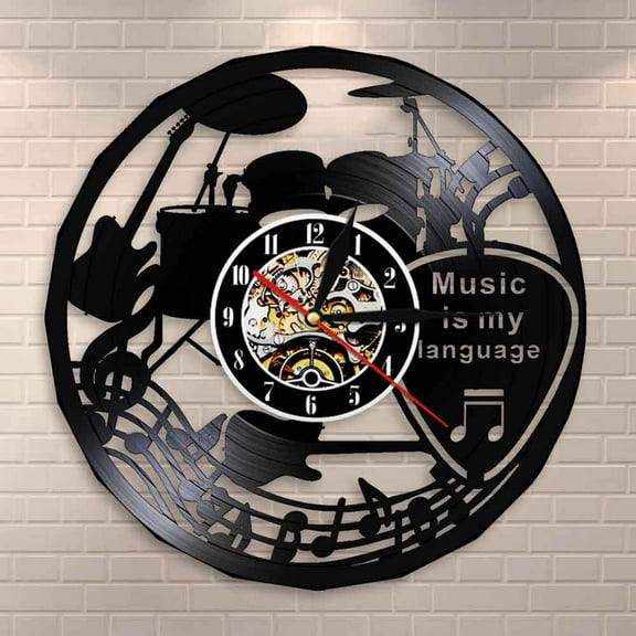 YanGxx Music Is My Language Music Inspirational Quote Wall Clock Music Theater Decoration Guitar Drums Vintage Vinyl Record Wall Clock