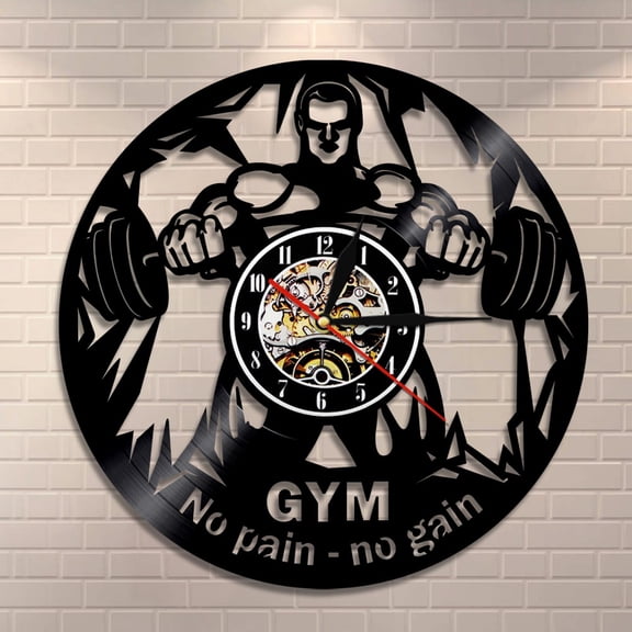YanGxx NO PAIN NO GAIN GYM Wall Clock Fitness Vinyl Record Wall Clock Weightlifting Men Inspirational Fitness Studio Wall Decor Clock