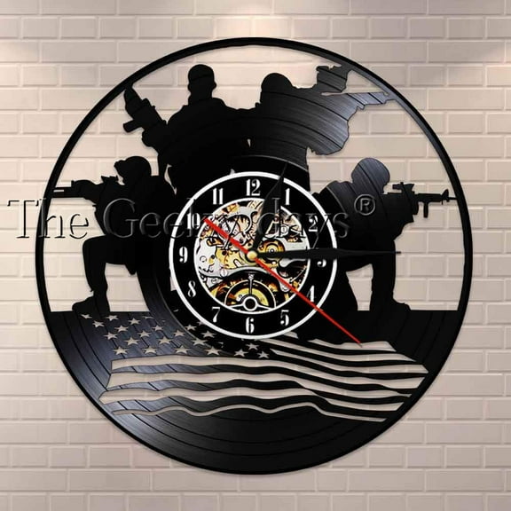 YanGxx Patriotic Design Military Wall Art Wall Clock Soldiers With American Flag Vinyl Record Clock Memorial Gift For Veteran Soldiers