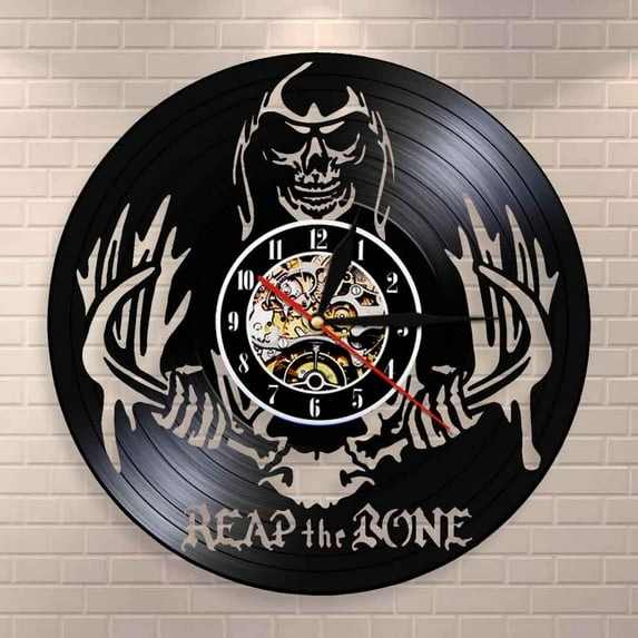 YanGxx Reap The Bone Grim Reaper Horror Skeleton Wall Art Spooky Wall Clock Halloween Decor Death Skull Killer Vinyl Record Wall Clock