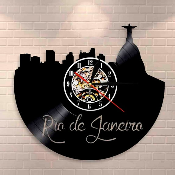 YanGxx Rio de Janeiro Wall Art Skyline Wall Clock Brazil Rio Cityscape Vinyl Record Wall Clock Jesus Statue Christ Decor Wall Watch