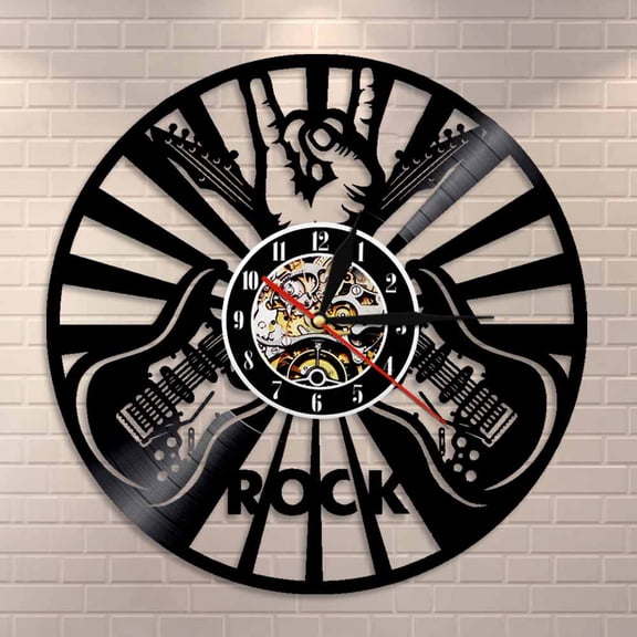 YanGxx Rock Hand Sign Wall Art Wall Clock Music Room Wall Decor Vinyl Record Clock Rock Music Lover Guitar Players Gift Guitar Ornament