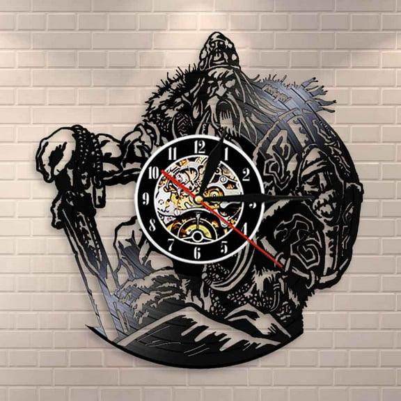 YanGxx Scandinavian mythology God OdinViking Warrior With Sword And Shield Decorative Wall Clock Barbarian Warrior Vinyl Record Clock