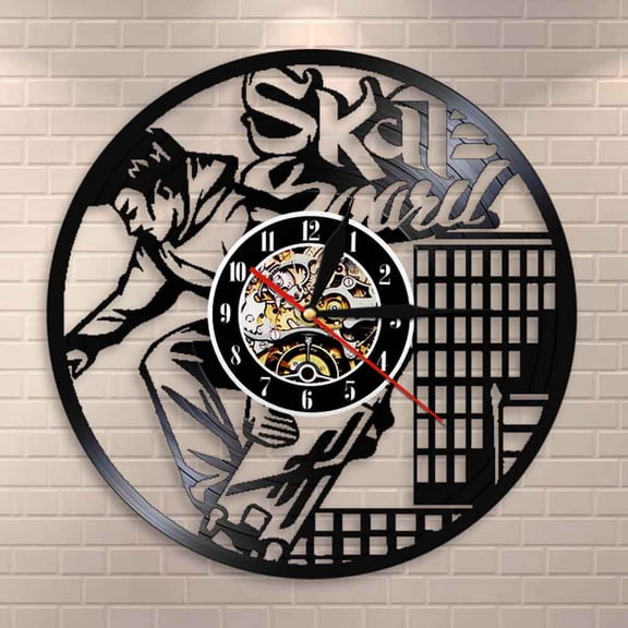 YanGxx Skateboard Extreme Sport High-rise Vinyl Record Wall Clock Skate Boy LED Light Living Room Wall Art Modern Design Skater Gift