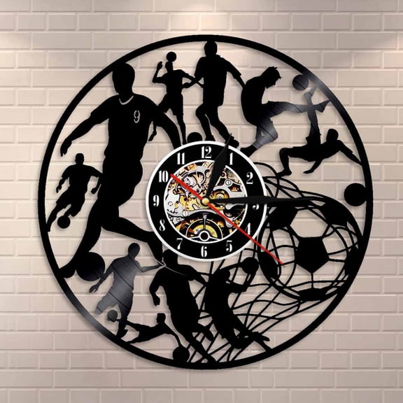 YanGxx Soccer Wall Clock Football Players Kick Ball Net Goal Futball Field Ball Team Sport School College Kids Game Vinyl Record Clock