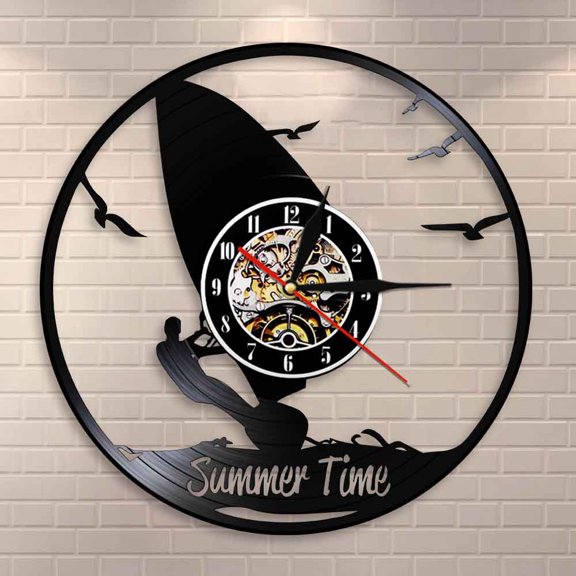 YanGxx Summer Time Clock Windsurfing Wall Decor Sports Room Wall Clock Windsurfers Vinyl Record Clock Extreme Water Sports Lovers Gift