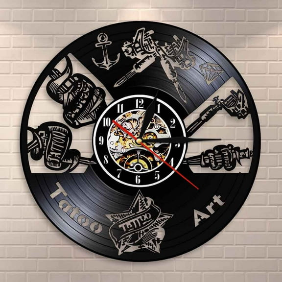 YanGxx Tattoo Studio Wall Sign Tattoo Salon Vinyl Record Mute Wall Clock Watch Shop Tattoo Machine Wall Art Decor Hipster Men Gift