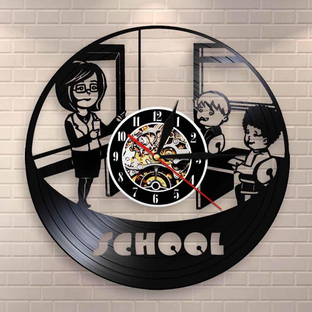 YanGxx Teacher And Students School Kindergarten Wall Clock Nursery Educational Decor Vinyl Record Wall Clock Teacher Appreciation Gift