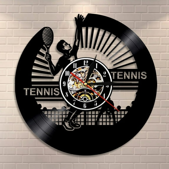 YanGxx Tennis Wall Clock Tennis Player Silhouette Vinyl Record Wall Clock Vintage Sports Theme Racket Home Decor Tennis Lover Gift Idea
