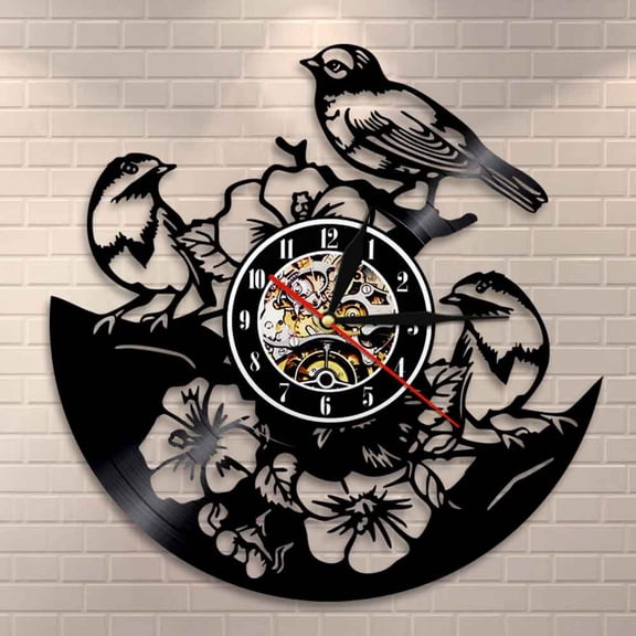 YanGxx Tropical Peel and Stick Nature Wall Art Flowers Birds Wall Clock Birds in Tree Vinyl Record Clock Songbirds Sparrows Wall Clock
