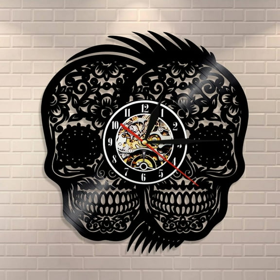 YanGxx Two Skull Heads Halloween Wall Art Skeleton Heads Vinyl Record Wall Clock Home Decor Death Skulls Modern Wall Clock Handmade Art