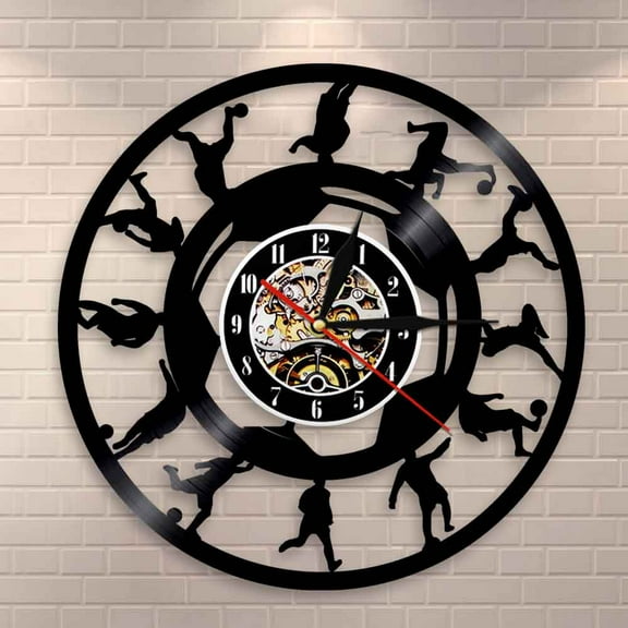 YanGxx Vintage Football Players Silhouette Vinyl Record Wall Clock Soccer Kicking Ball LP Clock Watch Soccer Sports Wall Art Decoration