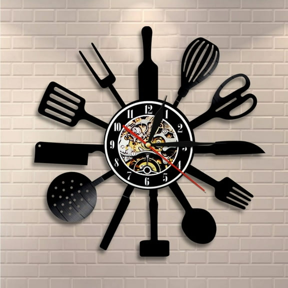 YanGxx Vintage Kitchen Cutlery Vinyl Record Wall Art Spoon Fork Knife Kitchen Wall Clock Tableware Decorative Clock Foodie Gift Idea