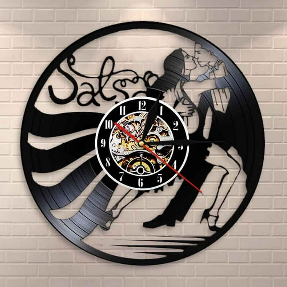 YanGxx Vintage Latin Salsa Dance Wall Art Clock Dancing Couple Silhouette Vinyl Record Wall Clock Latin Ballroom Dance Studio Wall Lamp