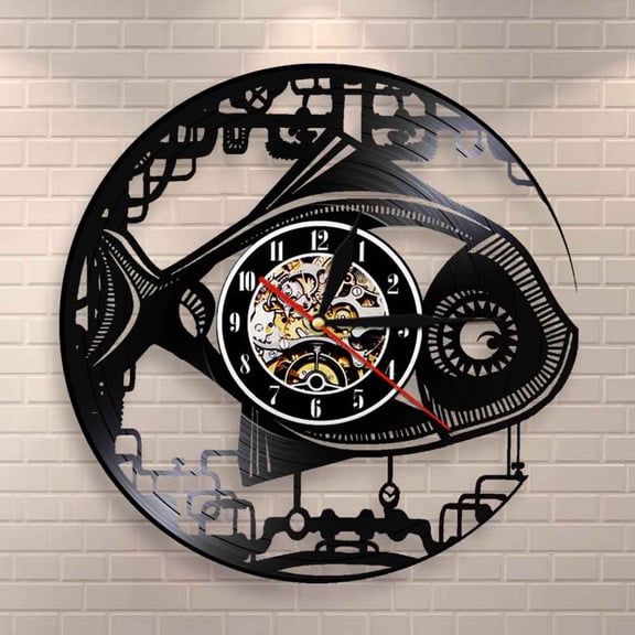 YanGxx Vintage Steampunk Robot Fish Design Wall Clock Mechanical Fish Vinyl Record LP Clock Handmade Modern Wall Art Gear Fish Clock