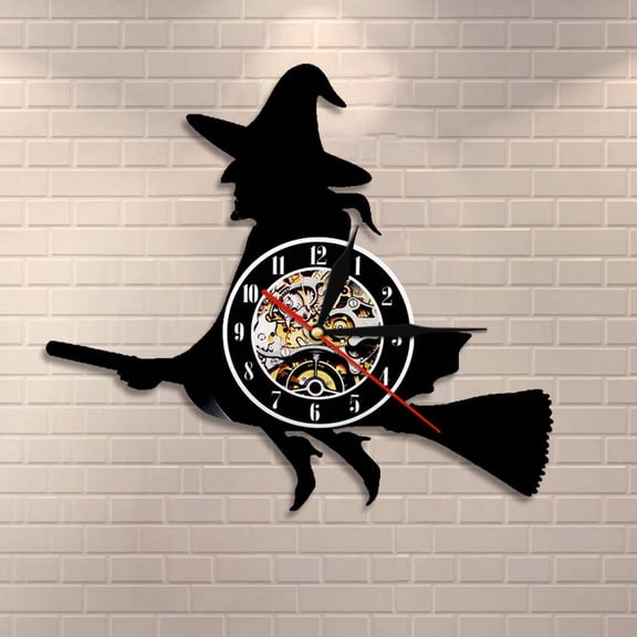 YanGxx Witch on a Broom Stick Halloween Wall Art Wall Clock Happy Halloween Vinyl Record Wall Clock Holiday Wall Decor Witchcraft Clock