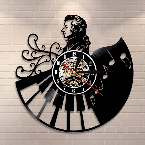 YanGxx Wolfgang Amadeus Mozart Piano Vinyl Record Wall Clock Home Decor Retro Wall Watch Musical Musician Music Teachers Pianist Gift