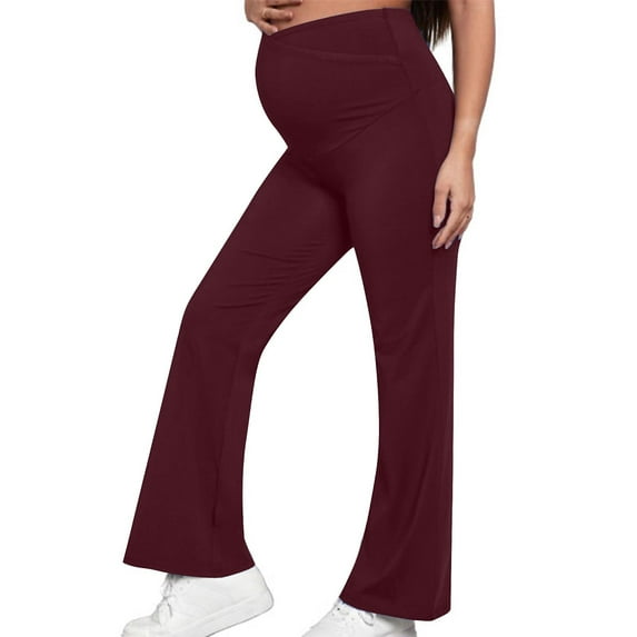 YanHong Maternity Pants Pregnant Women's New Arrival Flared Pants with Belly Support Slim High Waist Casual Wide Leg Pants for Pregnant Women's Clothing Red S