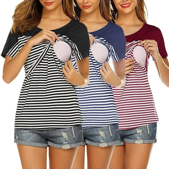 YanHong Nursing Tops for Breastfeeding on Clearance Built-in Bra Pregnant Womens Nursing Stripe Round Neck Short Sleeve Round Neck Breastfeeding Blouse Red L