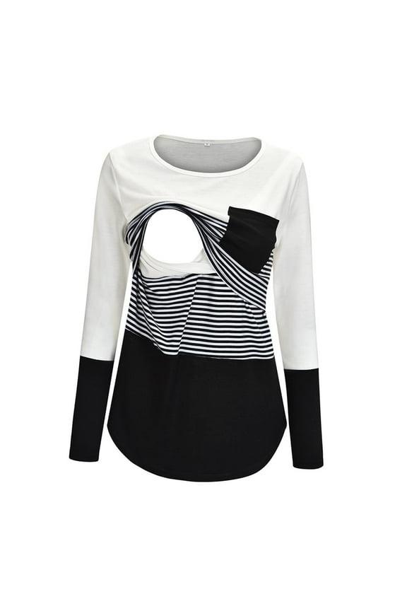 Nursing Tops for Breastfeeding on Built-in Bra Round Neck Stripe Patchwork Long Sleeve Breast Feeding Pregnant Woman Nursing Blouse Tops T-Shirt Black XXL