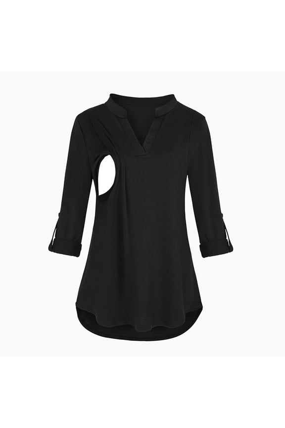 Nursing Tops for Breastfeeding on Built-in Bra V-Neck Solid Long Sleeve Breast-Feeding Pregnant Woman Nursing Buttons Blouse Tops Black XL