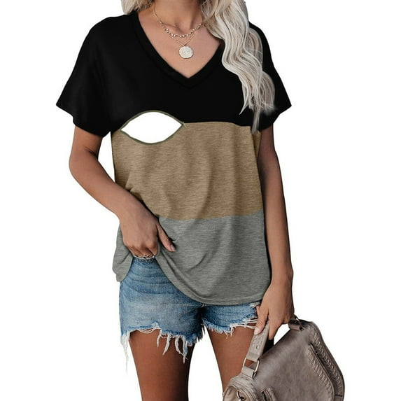 YanHong Nursing Tops Built-in Bra Cotton Fashion Women's Short Sleeve Summer Solid Round Neck Sexy Casual Tops Botton Regular Blouses Tops Black XXL