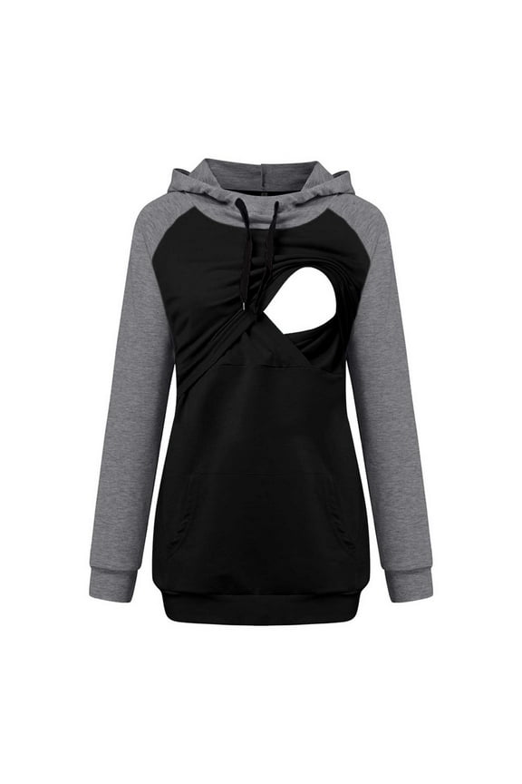 Nursing Tops Built-in Bra Cotton Women Pregnant Tops Nursing Long Sleeves Hooded Clothes Casual Blouse Black L