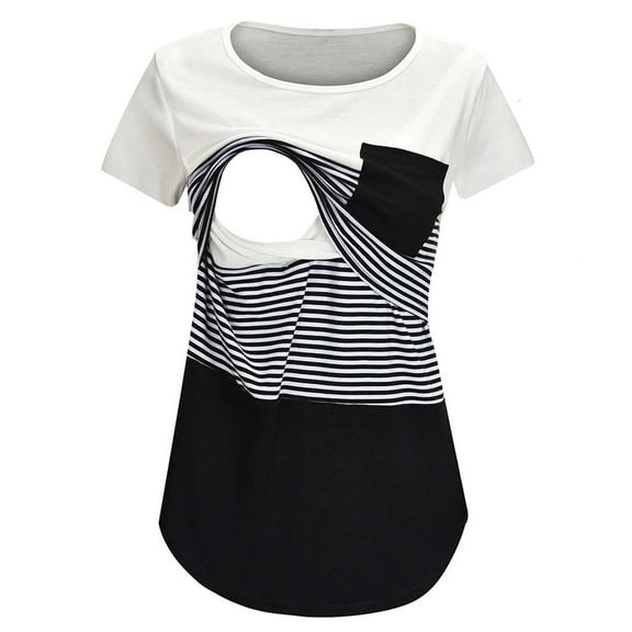 YanHong Nursing Tops Built-in Bra Cotton Womens Nursing Stripe Round Neck Short Sleeve Round Neck Breastfeeding Blouse with Pocket Black XL