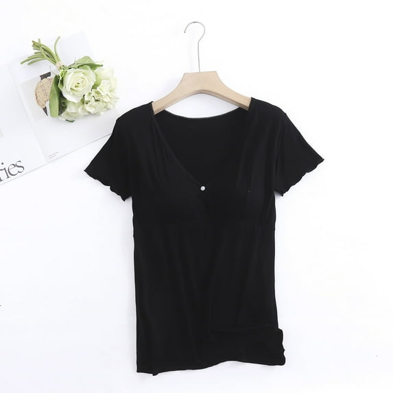 YanHong Nursing Tops Built-in Bra Cotton Womens Pregnant Woman V-Neck Pullover Short Sleeved Casual White Stripe Breastfeeding Top Short Sleeved Round Neck Top Black M
